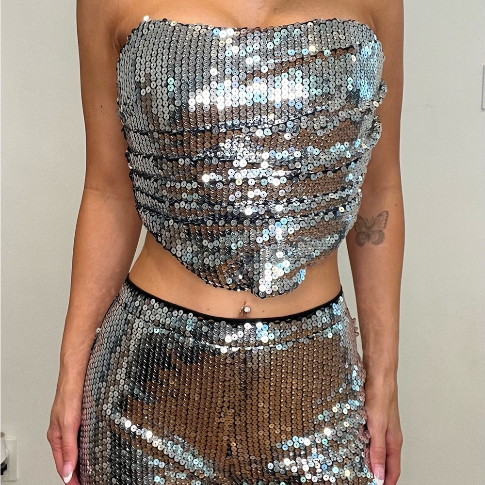 Silver Sequin Strapless Top and Pant Set